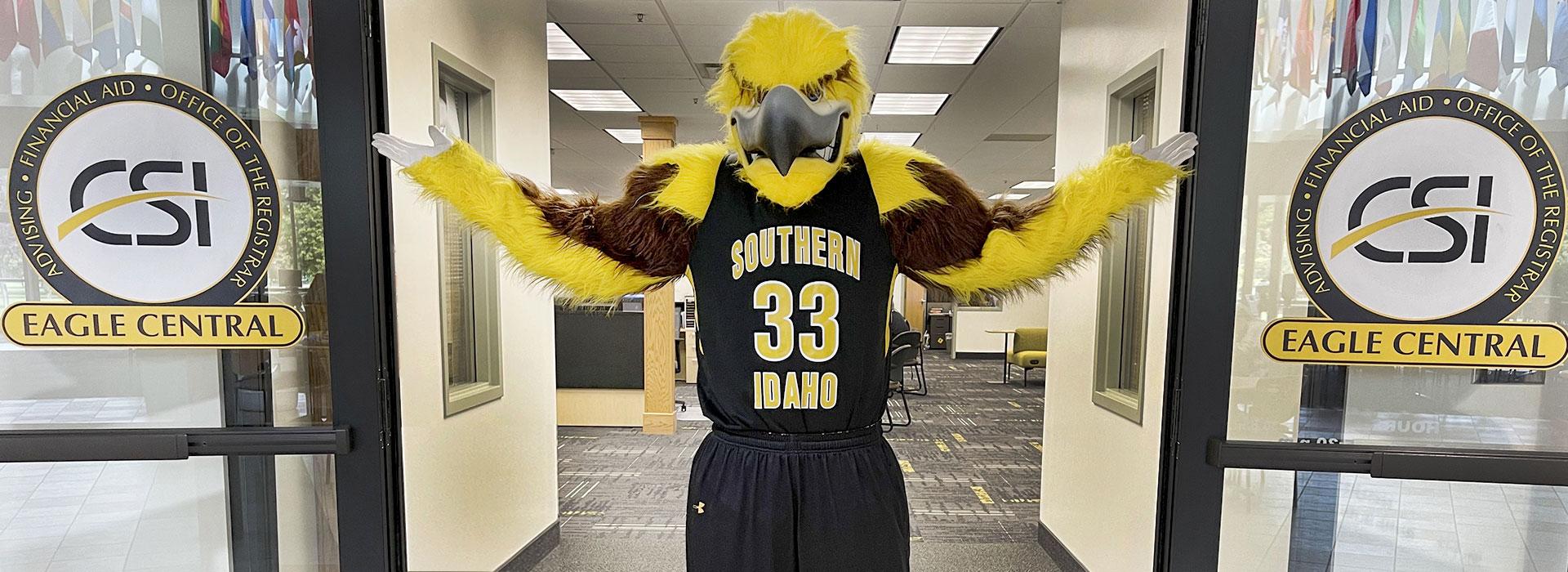 Gilbert the golden eagle standing outside of Eagle Central
