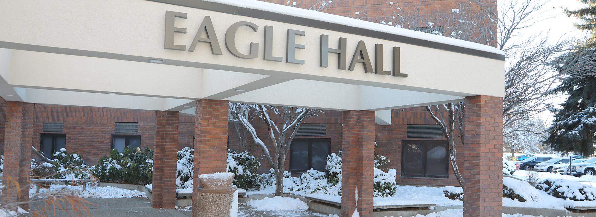 Eagle Hall Dorms front shot on a snowy day. 