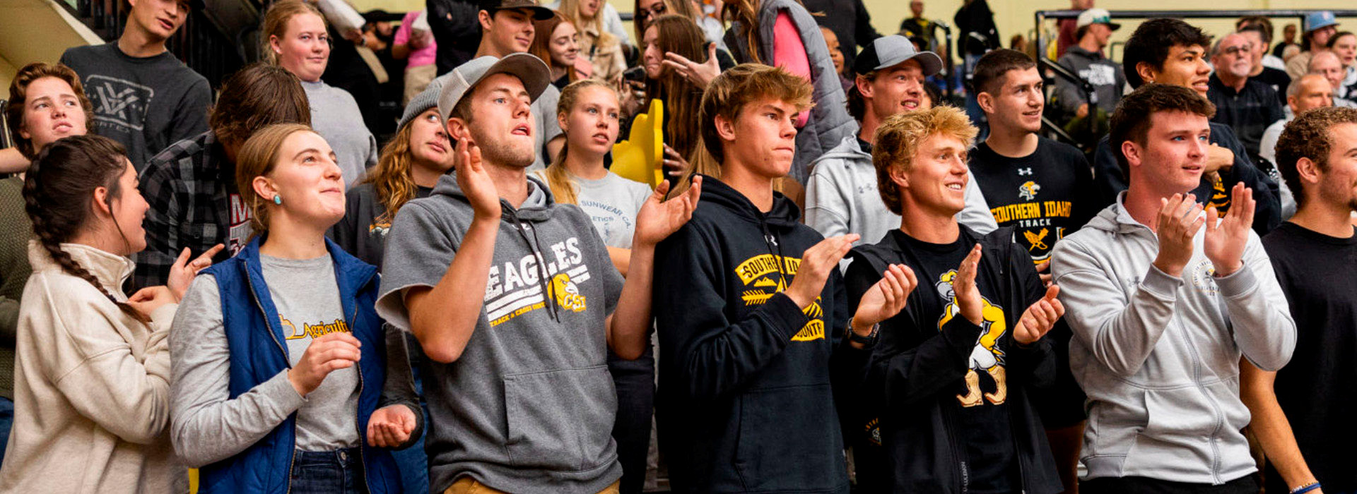 CSI Students wearing logo gear in the crowd during a basketball game