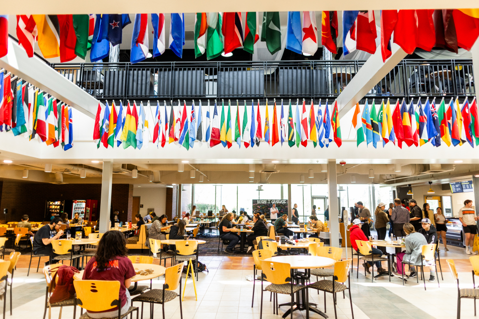 The CSI chow hall with multiple country flags hanging above the dining tables